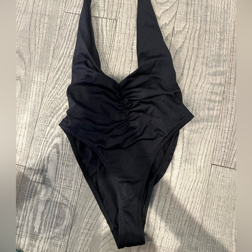 black deep neck one piece swimsuit